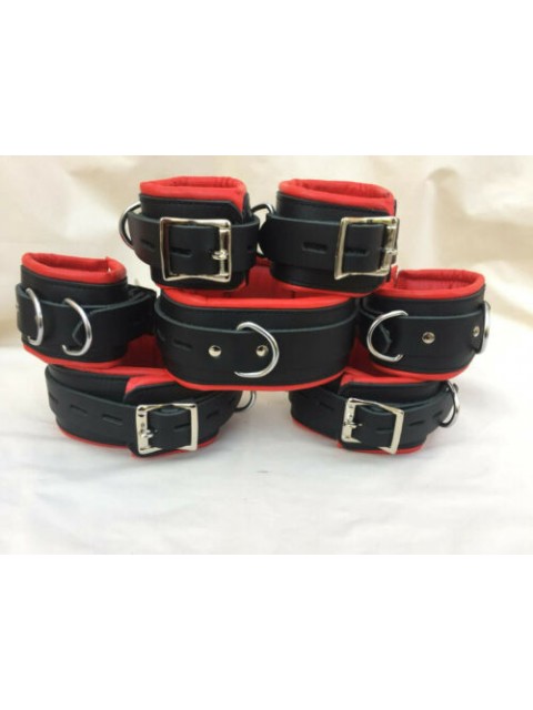 GENUINE COW LEATHER 7 PIECE HEAVY DUTY PADDED BONDAGE RESTRAINT SET IN RED