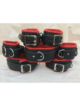 GENUINE COW LEATHER 7 PIECE HEAVY DUTY PADDED BONDAGE RESTRAINT SET IN RED