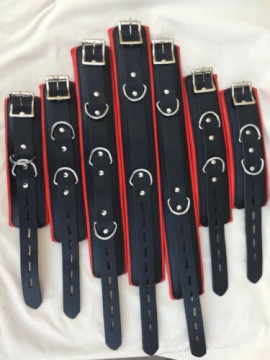 GENUINE COW LEATHER 7 PIECE HEAVY DUTY PADDED BONDAGE RESTRAINT SET IN RED