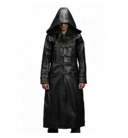 MEN'S HUNTSMAN BLACK HOODED REAL COW LEATHER TRENC..