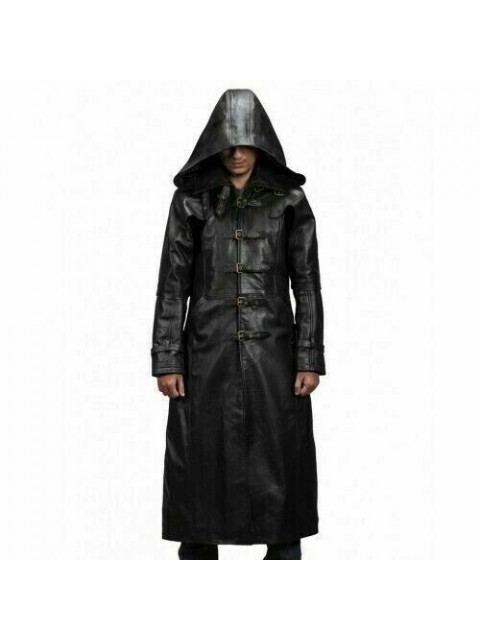 MEN'S HUNTSMAN BLACK HOODED REAL COW LEATHER TRENCH COAT - ALL SIZES