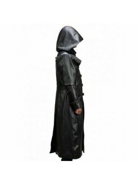 MEN'S HUNTSMAN BLACK HOODED REAL COW LEATHER TRENCH COAT - ALL SIZES