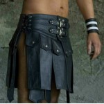 Men Club Wear Kilt BLACK LEATHER GLADIATOR SCOTTISH KILTS & Free Wrist Band