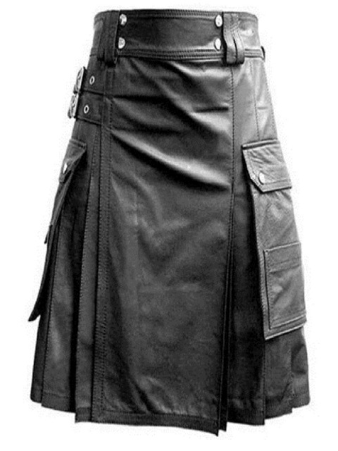 Mens Real Leather Gladiator Pleated Kilt FLAT FRONT WITH TWIN POCKETS