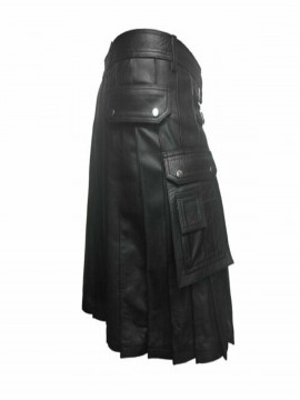 Mens Real Leather Gladiator Pleated Kilt FLAT FRONT WITH TWIN POCKETS