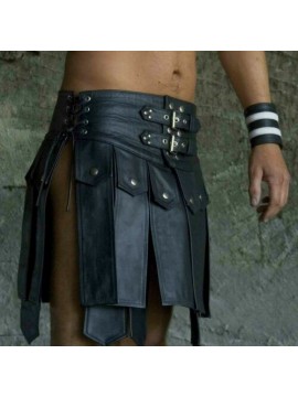 Men Club Wear Kilt BLACK LEATHER GLADIATOR SCOTTISH KILTS & Free Wrist Band