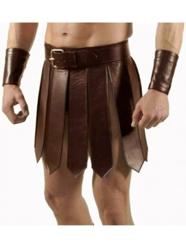 Mens Real Brown Leather Roman Gladiator Kilt Set Leather Kilt Gay Club Wear LARP