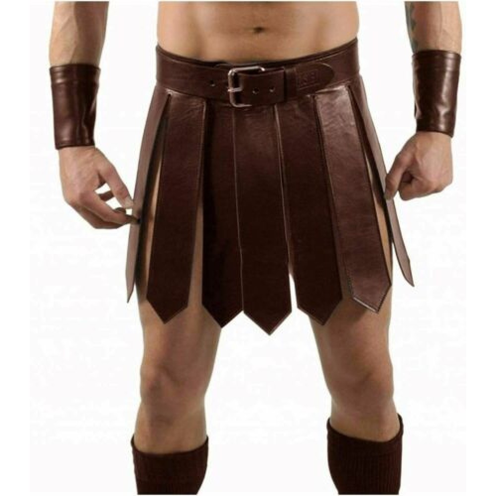 Mens Real Brown Leather Roman Gladiator Kilt Set Leather Kilt Gay Club Wear LARP