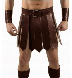 Mens Real Brown Leather Roman Gladiator Kilt Set L..