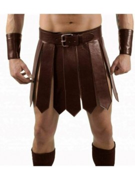 Mens Real Brown Leather Roman Gladiator Kilt Set Leather Kilt Gay Club Wear LARP