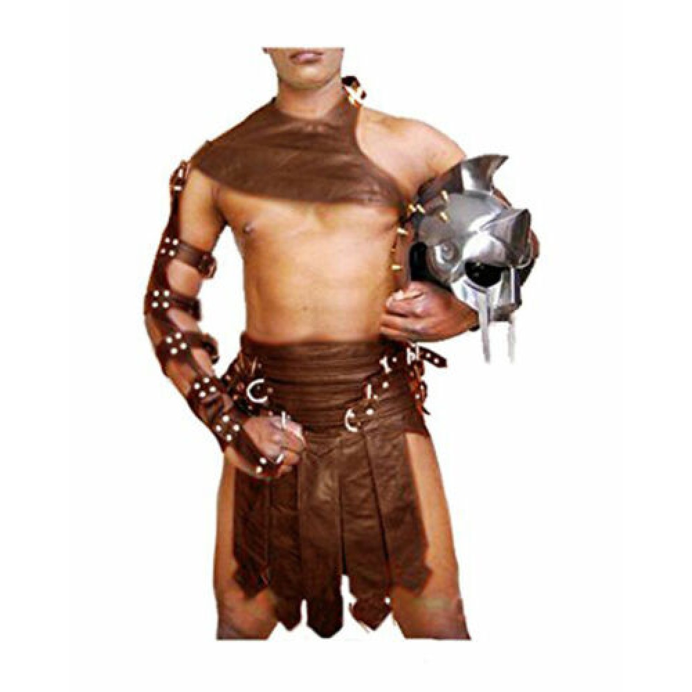 Men Roman Gladiator Kilt Real BROWN Leather 3 piece Heavy duty Set LARP