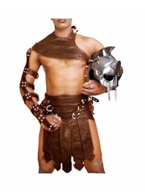 Men Roman Gladiator Kilt Real BROWN Leather 3 piece Heavy duty Set LARP