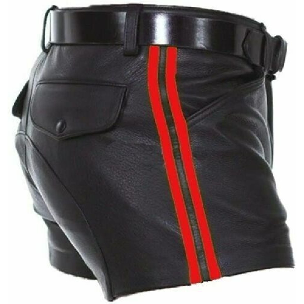 Mens Real Cow Leather Soft Black with Strips Shorts Half Pant Sexy Short Style