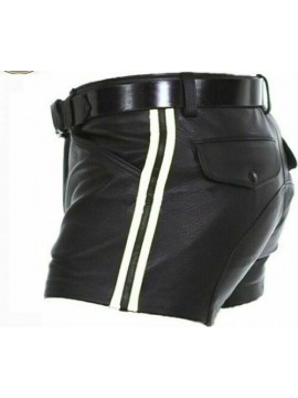 Mens Real Cow Leather Soft Black with Strips Shorts Half Pant Sexy Short Style